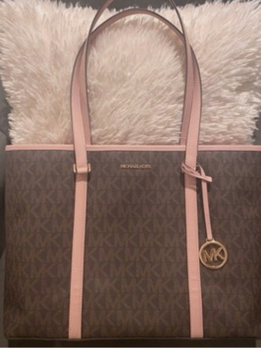 Michael Kors Brown Signature Tote with Pink Trim and MK Charm